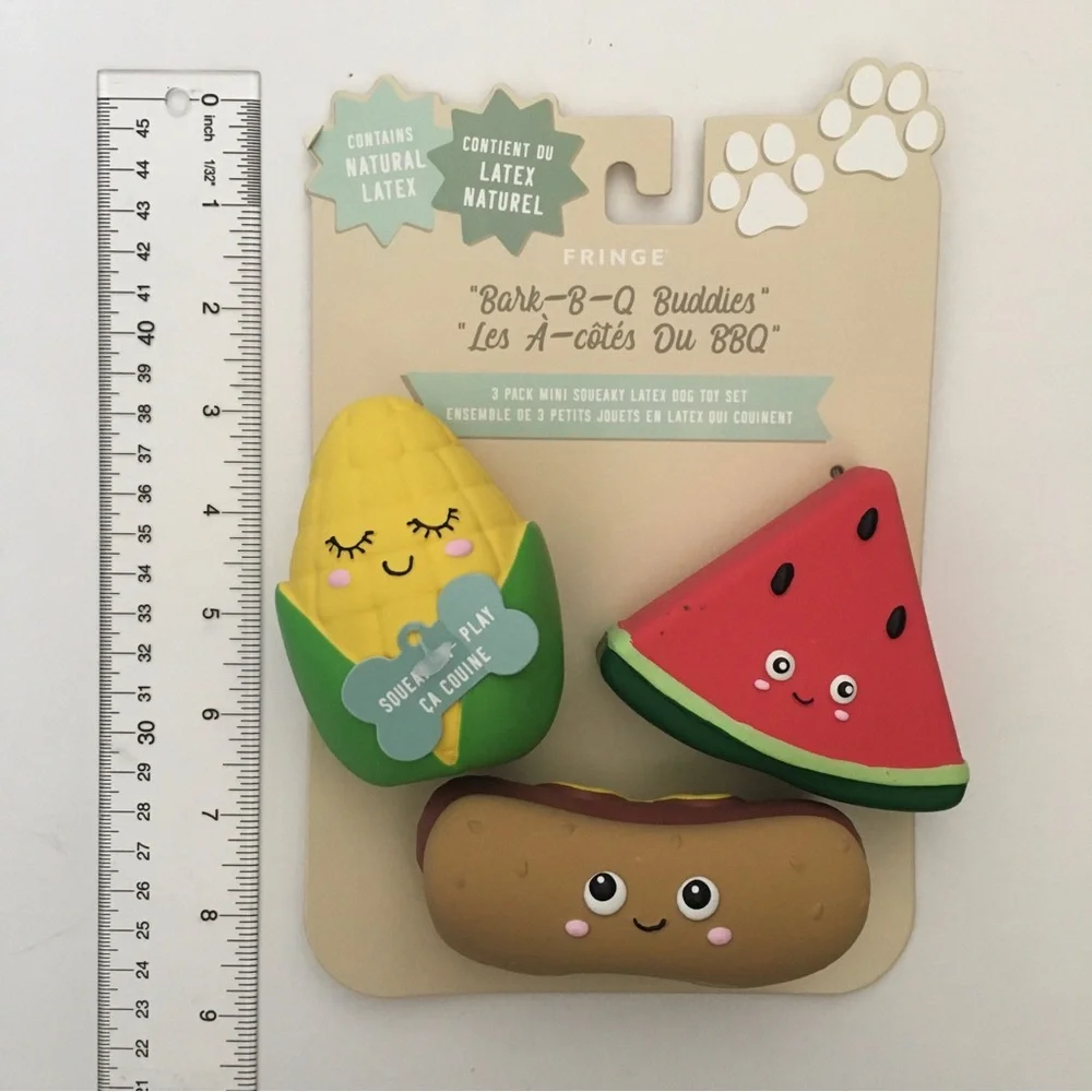 Dog Toys Squeaky Latex “Bark-B-Q Buddies” Hot dog Corn Watermelon NEW | Fringe